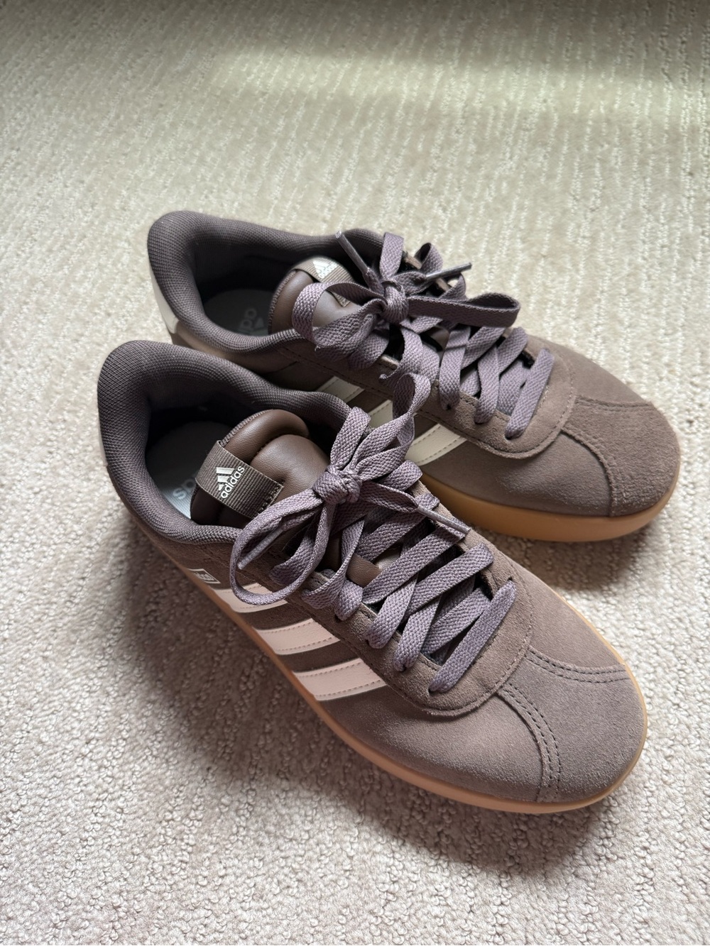 adidas Women’s Brown Suede Sneakers with White Stripes and Gum Sole